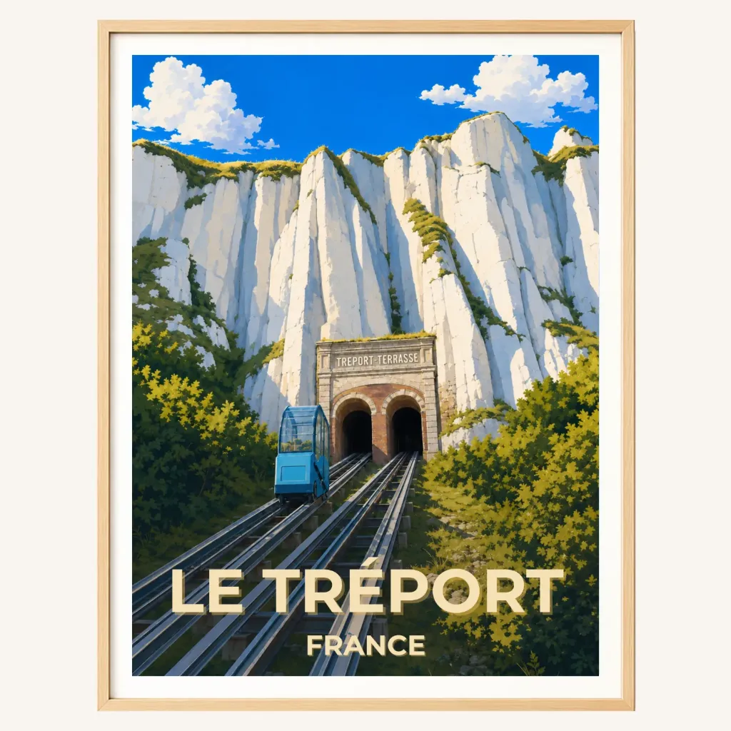 Affiche Le Tréport – Le funiculaire et la falaise
