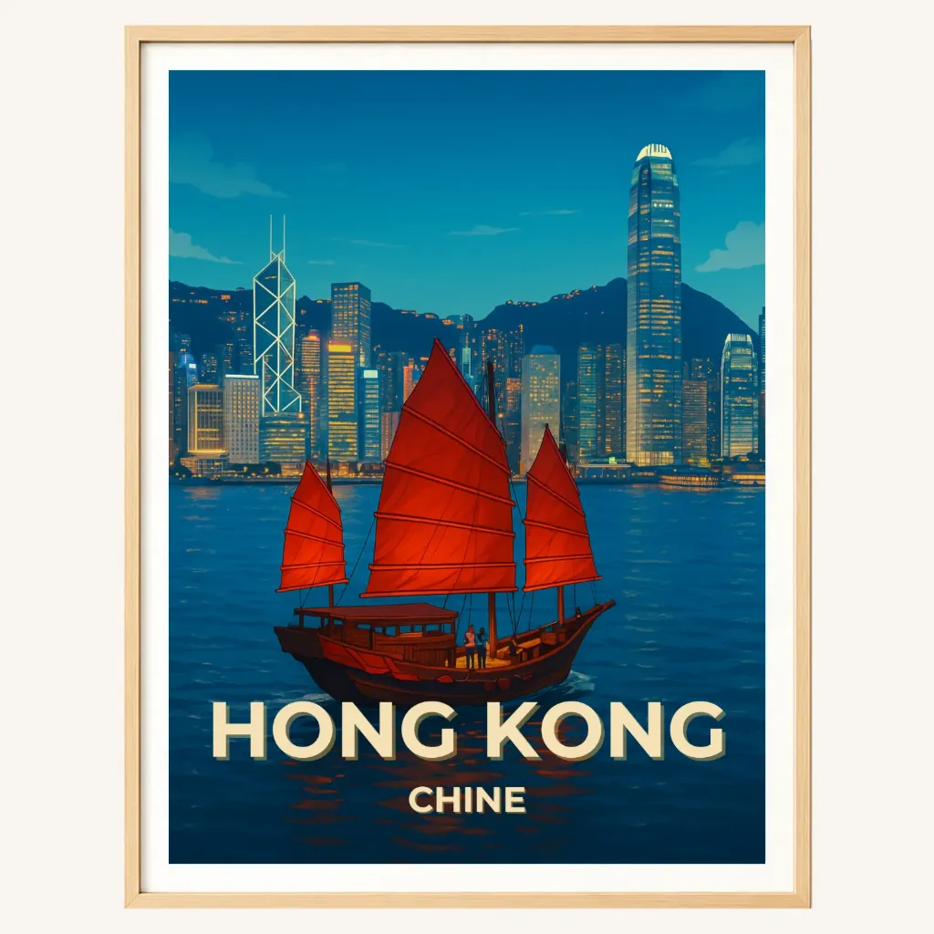 Affiche Hong Kong – Victoria Harbour & Jonque (A4)